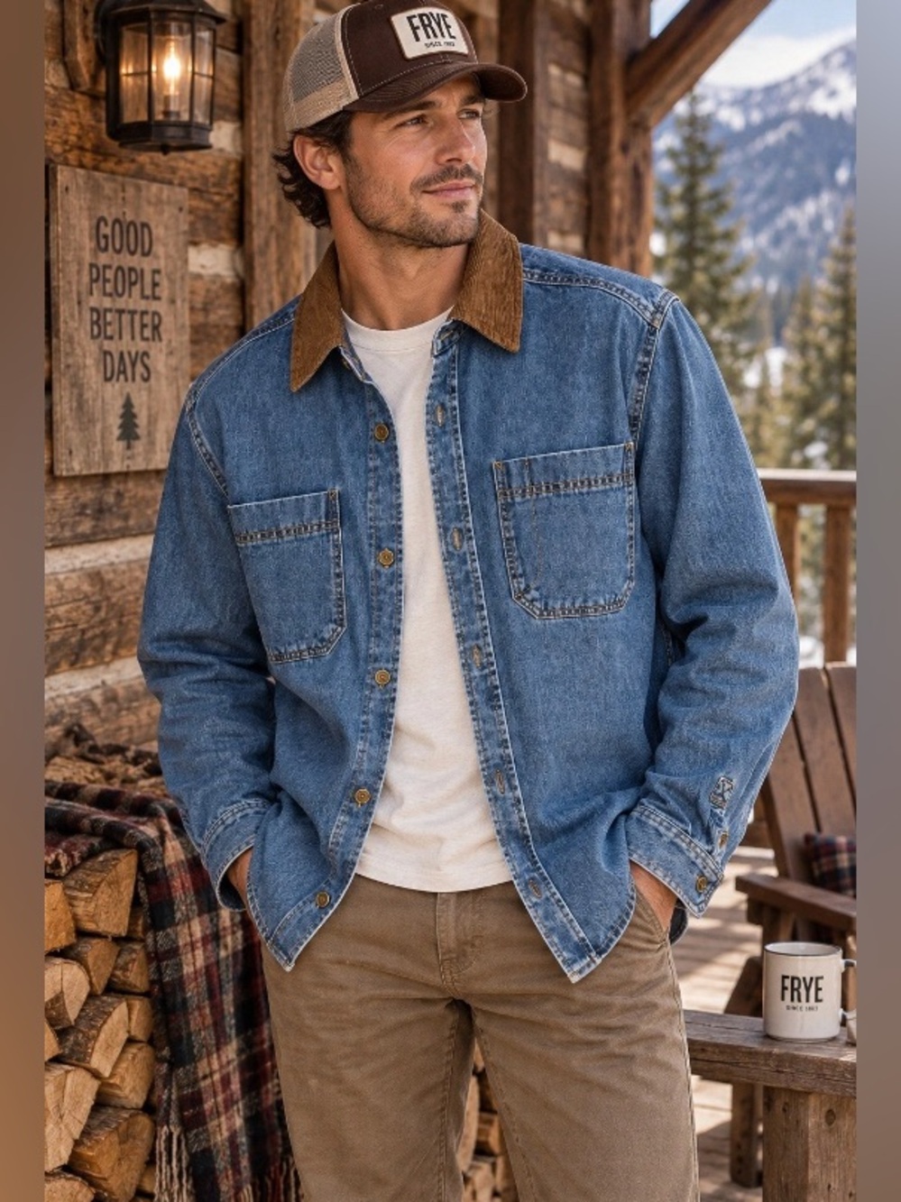 FRYE Blue Denim Shirt Jacket with Brown Corduroy Collar